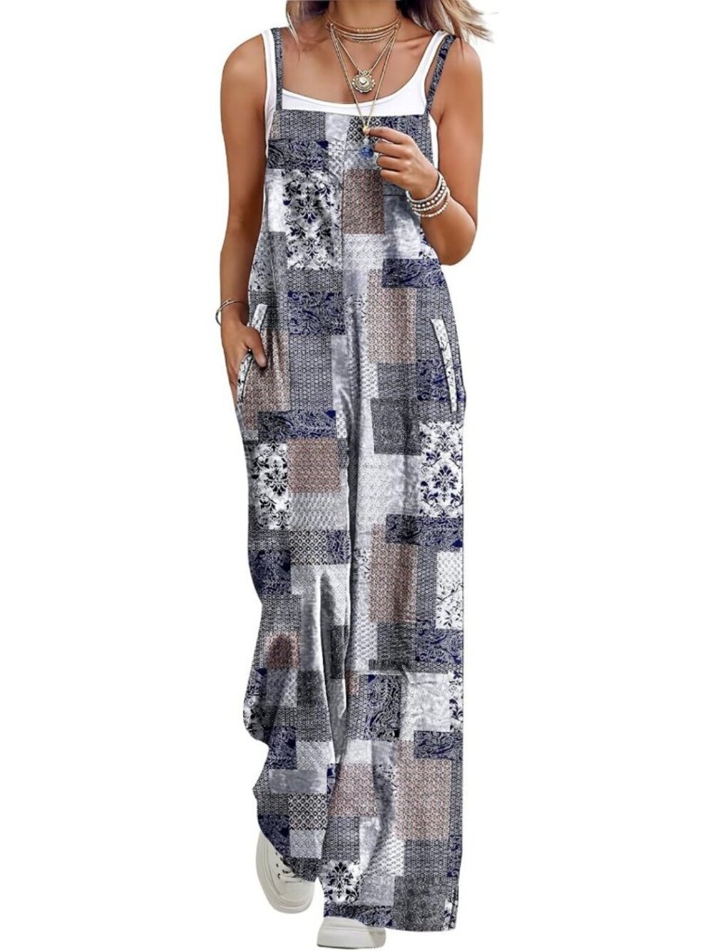Boho Floral Print Wide Leg Jumpsuit | Casual Cotton Romper with Pockets